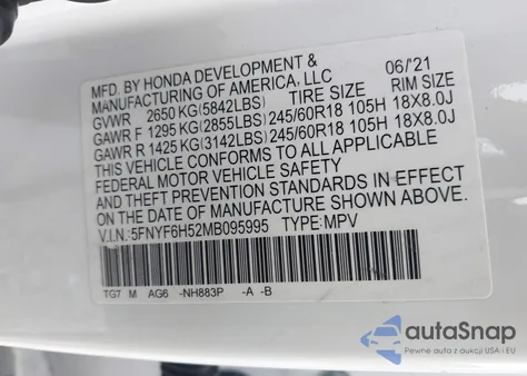 2021 Honda Pilot Awd Ex-L from USA, damaged, VIN 5FNYF6H52MB095995